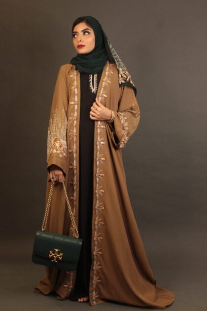 Tan & Emerald Floral Abaya