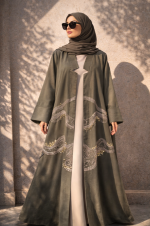 Brown Linen Embroidered Abaya